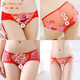 依曼安内裤女性感蕾丝薄款三角裤低腰刺绣短裤网纱镂空无痕透气女士内裤 组合七 4款大红 4条 均码 （95-130）斤