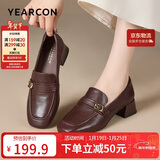 意尔康女鞋中粗跟方头乐福鞋复古英伦风通勤单鞋女 13380W深棕 40