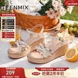 天美意凉鞋女商场同款坡跟编织花朵一字带女鞋COO05BL3 米白 38