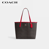 蔻驰（COACH）【品牌直供】女士CITY33大号托特包单肩包深咖色拼红色CV976