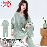 浪莎睡衣女棉绸中老年人造棉夏季绵绸七分袖套装两件套家居服宽松加大