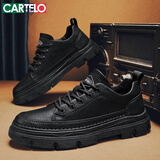 卡帝乐鳄鱼（CARTELO）男鞋秋冬季2025潮流休闲鞋子男厚底工装皮鞋男士马丁鞋 黑色 41码