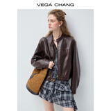 VEGA CHANG皮衣短外套女小个子2026年新款布朗尼酷飒风女装短款皮夹克薄上衣 琥珀棕 M