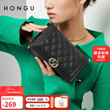 红谷包包女包新款潮牛皮单肩包时尚小香风菱格包斜挎包新年礼物 漆黑