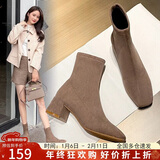 ZHR袜靴2025冬新款高跟鞋女洋气小短靴加绒保暖瘦瘦靴子女Y382卡其36