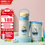 膳魔师儿童保温杯316l不锈钢畅吸杯小学生水杯宝宝喝水杯子TCKL吸管杯 奶牛熊猫 350ml （杯套+备用吸管）