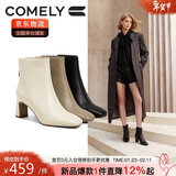 康莉（COMELY）瘦瘦靴短靴女冬季新款粗跟法式方头高跟时装靴 黑色/绒里 36
