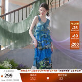 两三事度假超仙的裙子女夏季紫色油画艺术吊带海边连衣裙云雾睡莲 蓝色 S