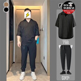 轩森图（XUANSENTU）微胖男生显瘦穿搭夏季短袖T恤男条纹连帽半袖体恤宽松大码胖子潮 CS01黑色+黑色裤子 5XL (195) 建议225-245斤