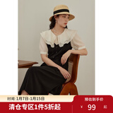 独束大码女装【双色可选】法式茶歇娃娃领连衣裙女夏装微胖mm裙子 芝麻黑 XL （尺码：3） 拍前和客服确认尺码