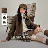 茵曼空气层麂皮绒短外套2026秋女装新款复古美拉德夹克 咖啡色 M