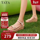 他她（TATA）绝美坡跟凉鞋女度假一字带时装凉鞋夏季7MY14BL4 金色 39