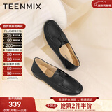 天美意单鞋软底英伦乐福鞋平底上班通勤小皮鞋一脚蹬百搭时尚女鞋新款 黑色 40