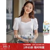 茵曼（INMAN）百搭法式褶皱方领短袖T恤2026夏季新款女装修身显瘦衬衫上衣 珍珠白 S