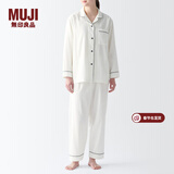 MUJI 女式 无侧缝双层纱织睡衣女士家居服春秋纯棉条纹格纹长袖 女款 米白色 M (上装160/84A下装160/66A)