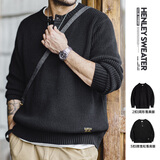 马登工装美式复古竖条纹亨利领毛衣宽松加厚黑色打底针织衫男秋冬 黑色 -3扣版 【毛衣男高级感/毛线衣/针织外套男】 L 【宽松版型,可拍小一码】