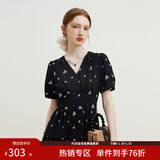 范思蓝恩23FS12642茶歇法式碎花连衣裙女夏季新款V领沙滩长裙 黑底白花 XL