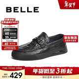 百丽休闲鞋男牛皮革格纹套脚豆豆鞋A1368AM4 黑色 38