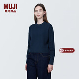 MUJI女式 棱纹编织 圆领短款针织衫 长袖女款 女装 薄款毛衣 藏青色 S (155/80A)