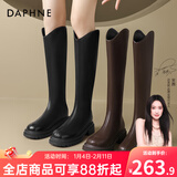 达芙妮长筒靴女2025春秋季V口粗跟增高靴瘦瘦长靴粗腿高筒靴骑士靴 黑色【V口单里款】 35