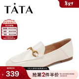 他她（TATA）方头乐福鞋女休闲平底一脚蹬小皮鞋女单鞋春秋款FLC22AM4 米色 36