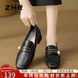 ZHR单鞋女复古方头珍珠扣乐福鞋女粗跟增高两穿显瘦女鞋 K170黑色 37