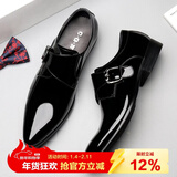 村哥牛皮男士皮鞋商务正装皮鞋男尖头搭扣英伦休闲漆皮男鞋 黑色 40
