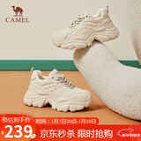 骆驼（CAMEL）老爹鞋女网布皮面拼接双系带厚底休闲鞋 L24S283079 杏色 39