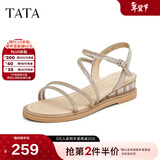 他她（TATA）绝美坡跟凉鞋女外穿一字带时装凉鞋秋季新款7UA03BL4 金色 35