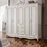 浪漫壹嘉衣柜欧式卧室家用会所法式收纳储物柜子白色烤漆双三开门衣橱雕花 板木结合【欧式五门衣柜】描银