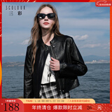 三彩2025秋季新款PU仿皮外套小皮衣宽松短款休闲夹克小个子M 经典黑 S 155/80A