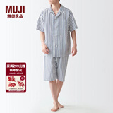 MUJI男式 无侧缝泡泡纱短袖睡衣男士家居服套装男款夏季纯棉全棉 深藏青色条纹 L