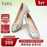 他她女鞋粗跟单鞋真皮方头休闲鞋高跟浅口鞋子7YO01AQ4 兰灰 38