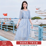 香影温柔风粉色连衣裙女2025夏季新款超好看五分袖海边度假沙滩裙 蓝色 S