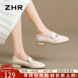 ZHR单鞋女英伦风舒适方头乐福鞋女两穿粗跟透气皮鞋女 K196 米色 37