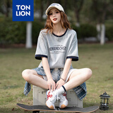 唐狮（TonLion）2026夏前胸文字中短袖T恤好看夏日穿搭t恤女撞色舒适宽松简适上衣