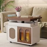 城市屋顶实木茶几可移动升降折叠实木茶几客厅家用角几小户型推车沙发边几 胡桃色+白-整装【免安装】