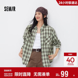 森马（Semir）长袖衬衫女春季中长款oversize翻领落肩格纹女生衬衣101125105007