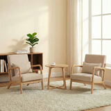 阿拉蕾 北欧实木单人沙发椅简约现代风小户型布艺休闲客厅阳台卧室椅子 2椅1桌组合【卡其色【棉麻】