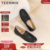 天美意羊皮单鞋软底英伦乐福鞋平底上班通勤百搭小皮鞋一脚蹬时尚女鞋 黑色 37