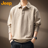 JEEP吉普卫衣男春秋季Polo休闲衫翻领长袖T恤男士重磅衣服男装 灰杏 L