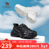 骆驼（CAMEL）老爹鞋女网布皮面拼接双系带厚底休闲鞋 L23S703108W 黑色透网 38
