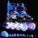 拓呈溜冰鞋儿童全套装成人男女小孩旱冰鞋滑冰鞋轮滑鞋直排轮初学者 蓝色全闪鞋+护具头盔+配件 M （适合平时鞋码32-37码）