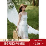 独束大码女装法式浪漫蕾丝高腰大裙摆氛围感连衣裙夏装微胖mm裙子 月光白 L