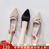 ZHR单鞋女绒面蝴蝶结尖头粗跟女鞋复古仙女风软底舒适鞋子女 Y357 黑色 37