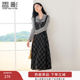 香影复古格子假两件连衣裙女2026春季新款收腰拼接学院风中长裙子 深灰 M 160/84A/95-110斤