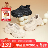 骆驼（CAMEL）老爹鞋女网布皮面拼接双系带厚底休闲鞋 L24S283079R 杏色绒里 37