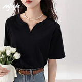 MJ STYLE短款短袖T恤女2026夏季正肩小V领修身显瘦百搭简约紧身打底衫上衣