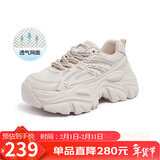 骆驼（CAMEL）老爹鞋女网布皮面拼接双系带厚底休闲鞋 L23S703108W 杏色透网 35