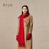 鄂尔多斯1980秋冬山羊绒保暖流苏羊绒水纹围巾180cm*30cm 红-25 均码